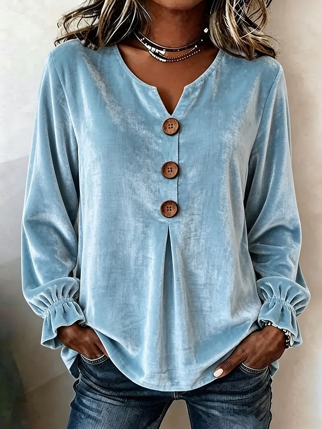 New Velvet Long Sleeve Blouse, Fashion V-Neck Button Shirt – Premium 4 | RICALOUX