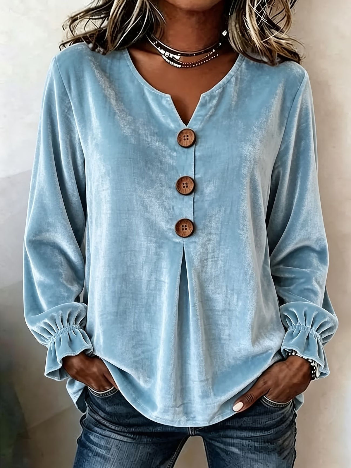 New Velvet Long Sleeve Blouse, Fashion V-Neck Button Shirt – Premium 4 | RICALOUX