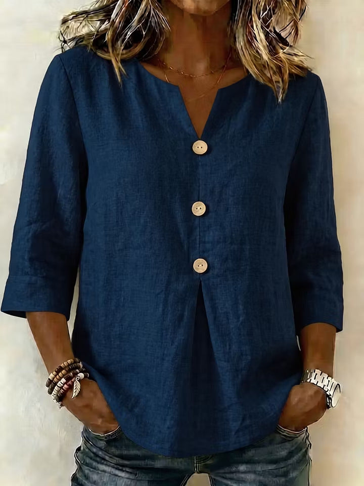 Solid-color V-neck Three-quarter-sleeve Casual Loose-fit Cotton-linen Top by Ricaloux