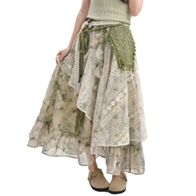 Summer New Irregular Sweet Tie-Dye Print Lace-Patchwork Skirt by Ricaloux