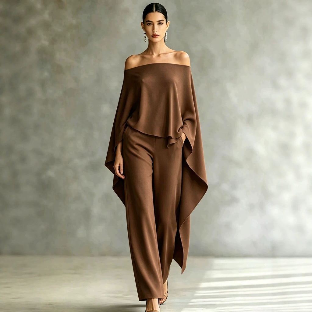 Autumn Fashion Off-Shoulder Wide-Leg Pants Set Womens Solid-Color Asymmetric Two-Piece Set – Premium 0 | RICALOUX