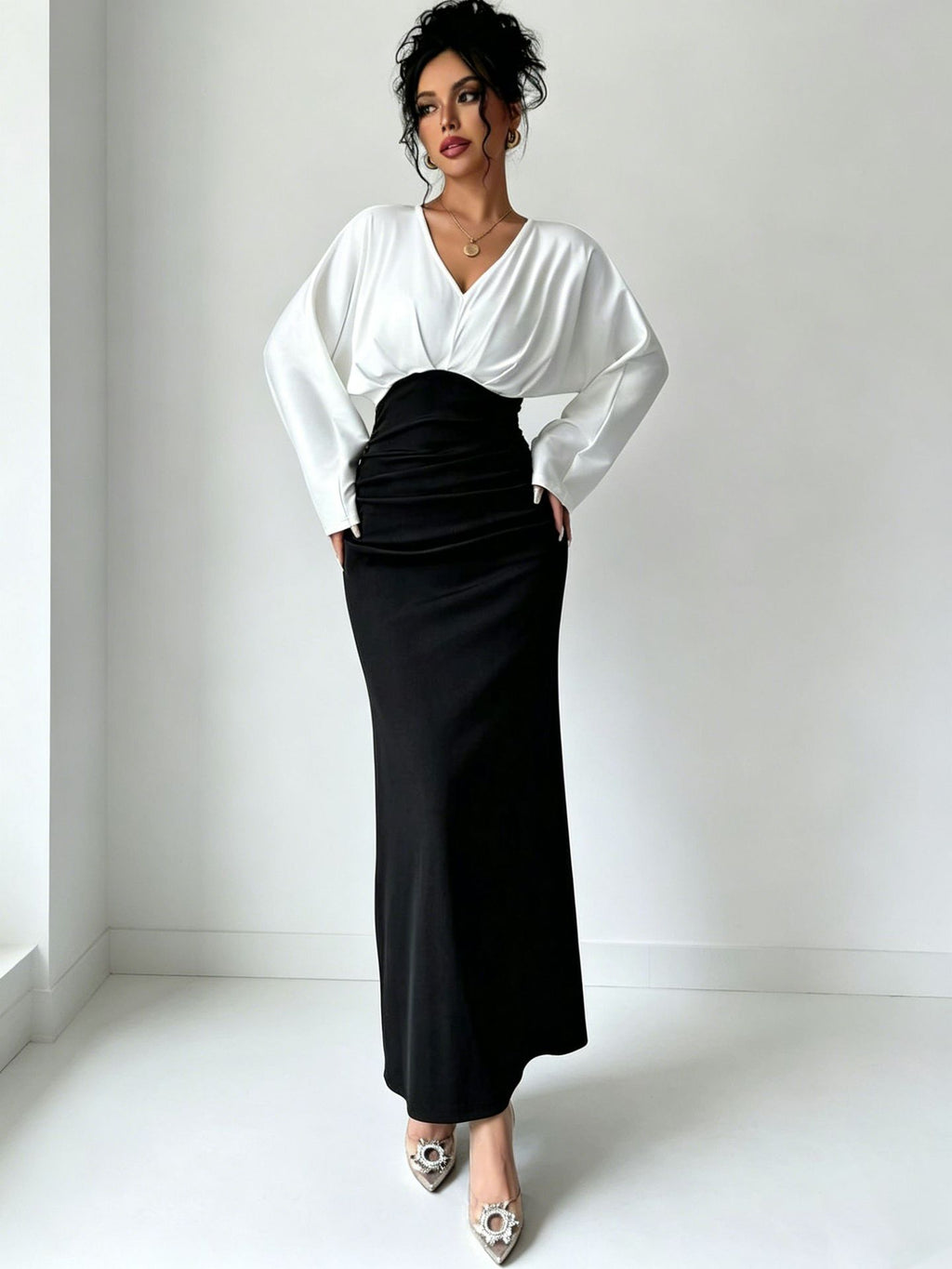 Womens Solid-Color Patchwork Long-Sleeve Slim-Fit Dress by Ricaloux