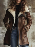 Women's Vintage Contrast Lambskin Collar Faux Leather Coat – Premium 4 | RICALOUX