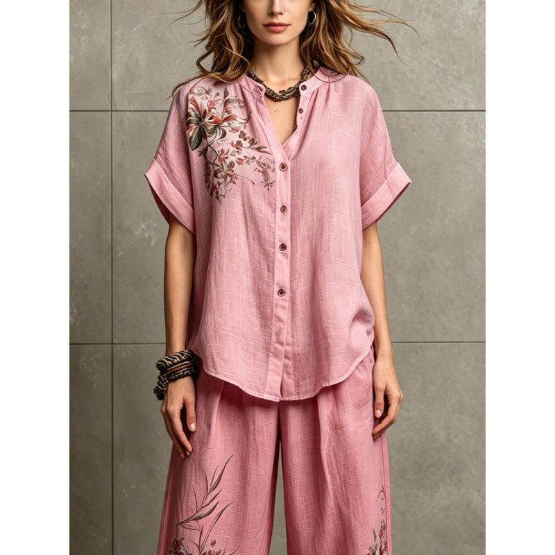 Short-sleeve Top And Wide-leg Pants Casual Two-piece Set by Ricaloux