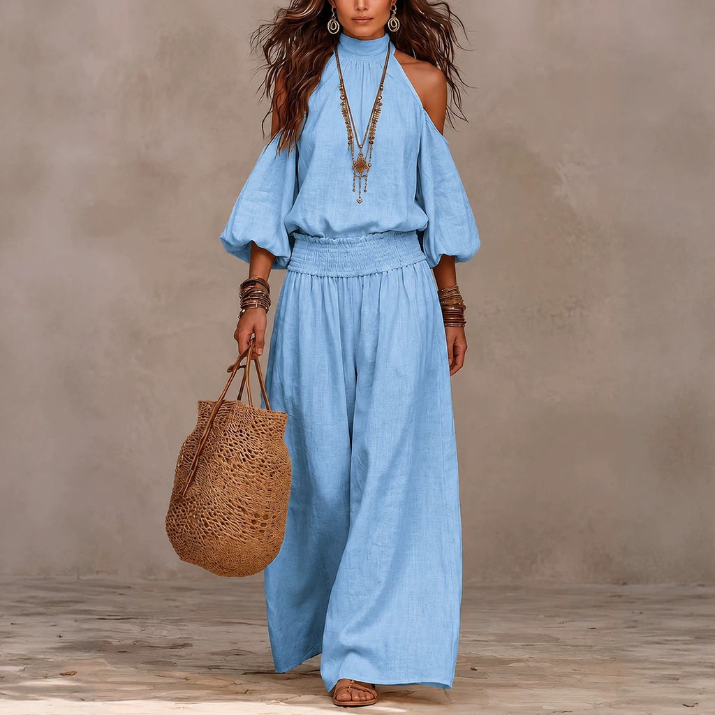 Womens Fashionable Casual Round-Neck Loose-Fit Long-Sleeve Hollow-Out Top And Pleated Pants Set – Premium 0 | RICALOUX