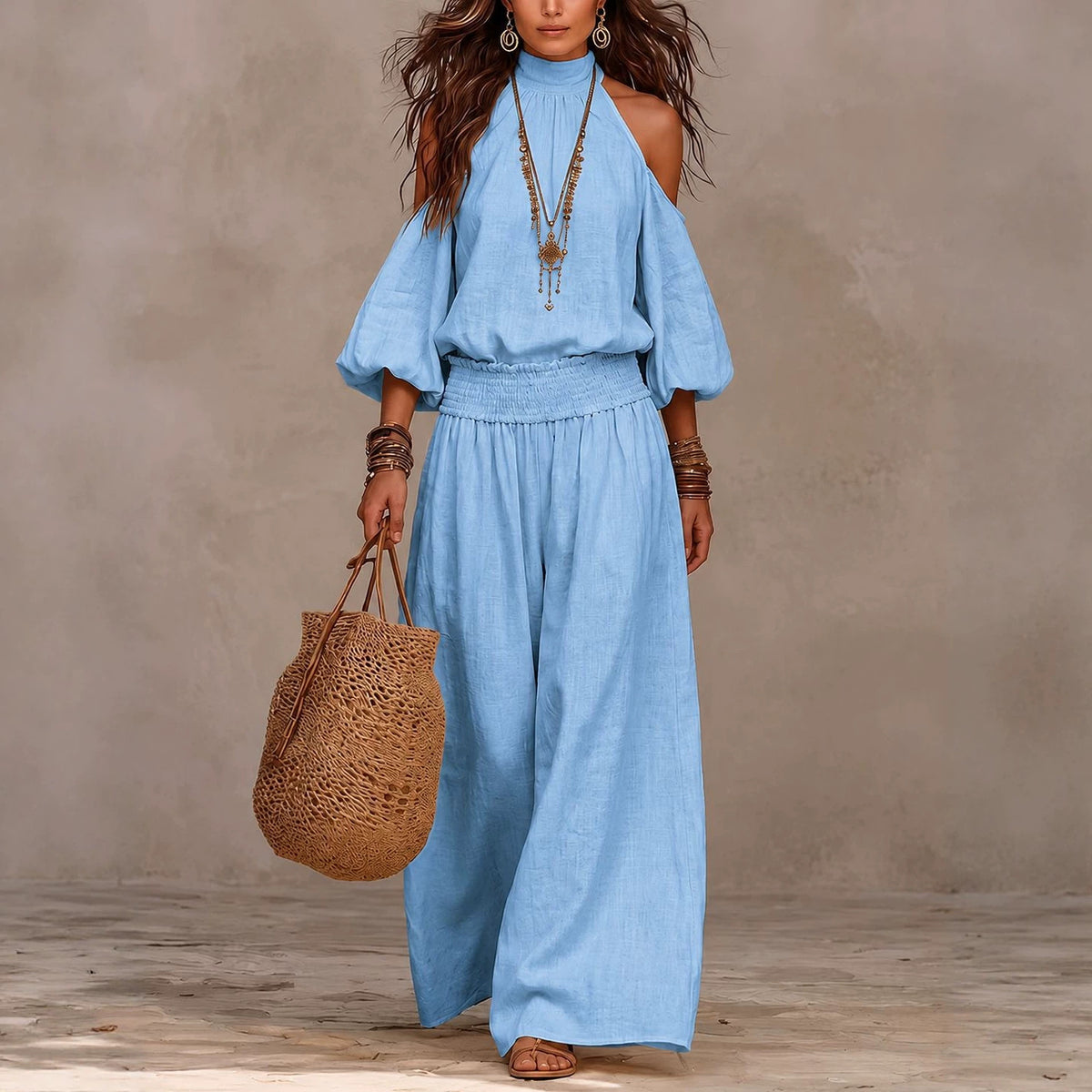 Womens Fashionable Casual Round-Neck Loose-Fit Long-Sleeve Hollow-Out Top And Pleated Pants Set – Premium 0 | RICALOUX