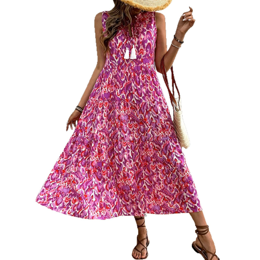 Sleeveless V-neck Tassel Abstract-print Dress by Ricaloux