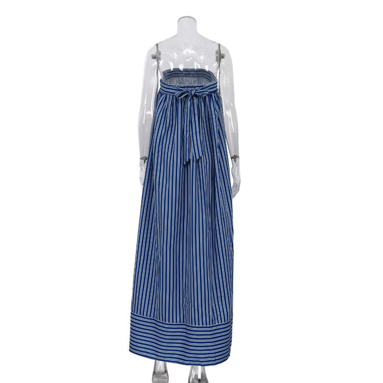 Strapless Blue And White Striped Maxi Dress by Ricaloux