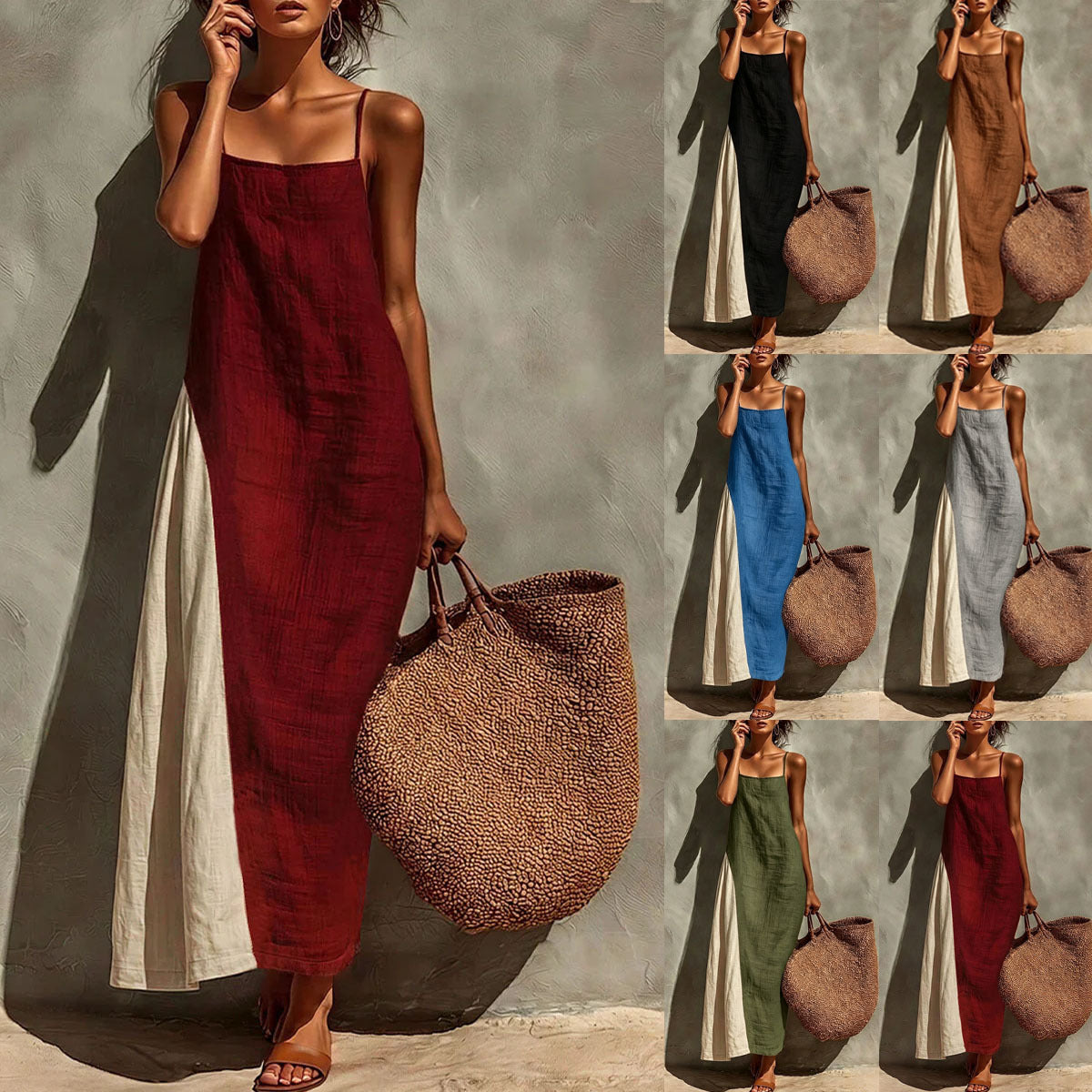 Womens Cotton-linen Versatile Minimalist Strap Dress by Ricaloux