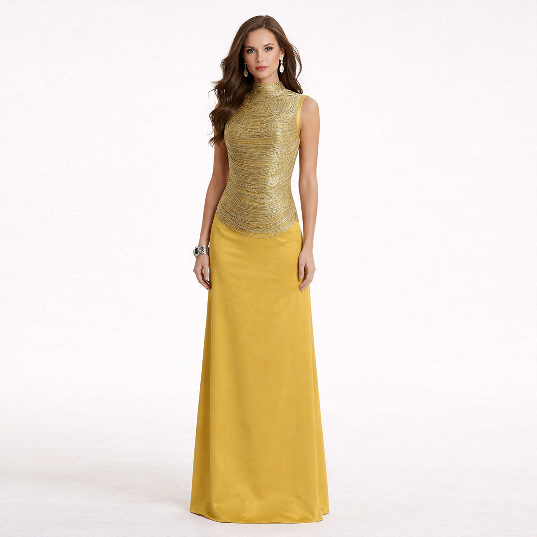 Sleeveless Turtleneck Top With Tassel Detailing Paired With A Satin Midi Skirt by Ricaloux