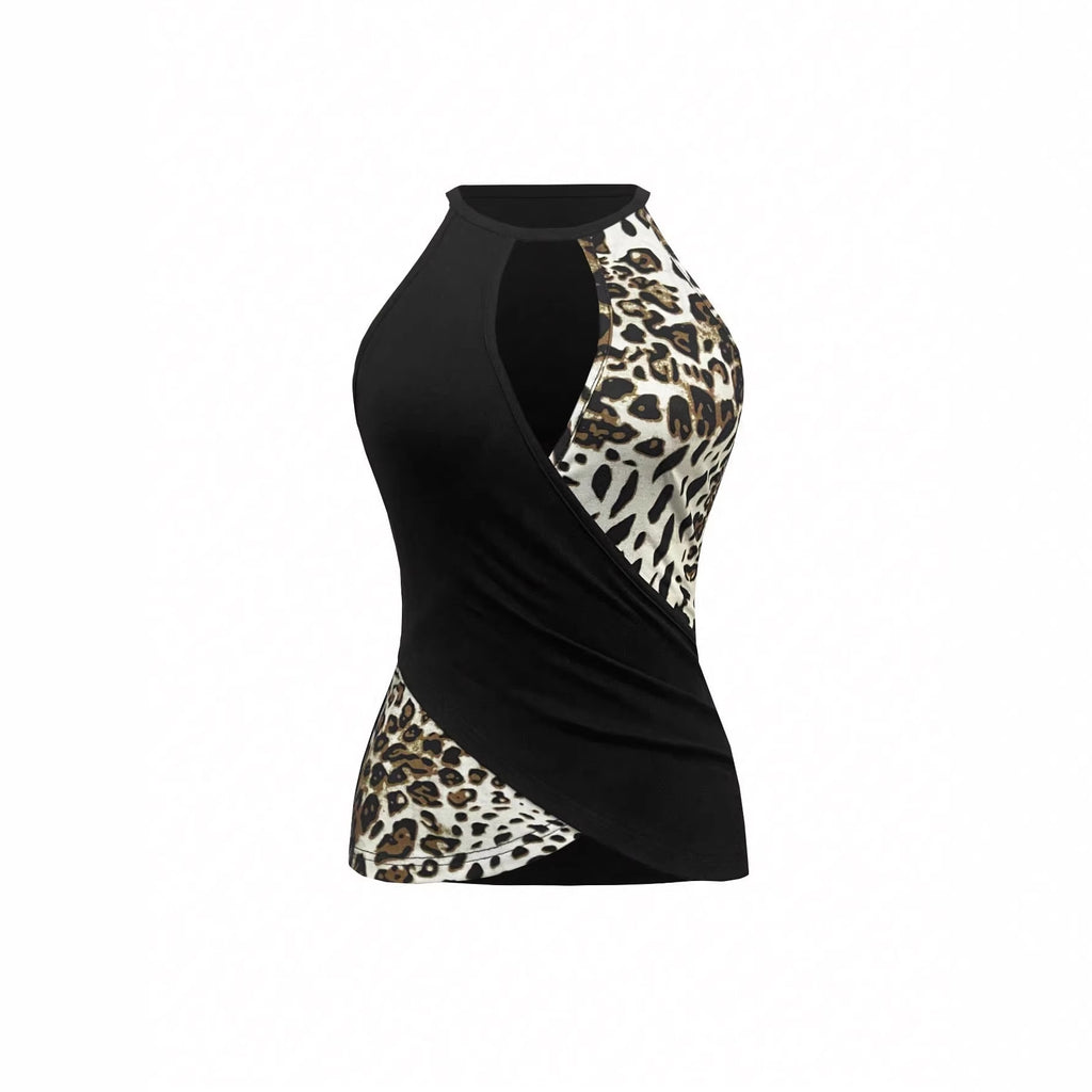 European And American-style Leopard-print Patchwork Halter Vest by Ricaloux