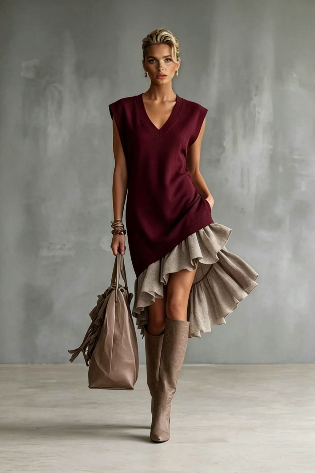Solid-color Casual European-American Style Flounced Midi Skirt by Ricaloux