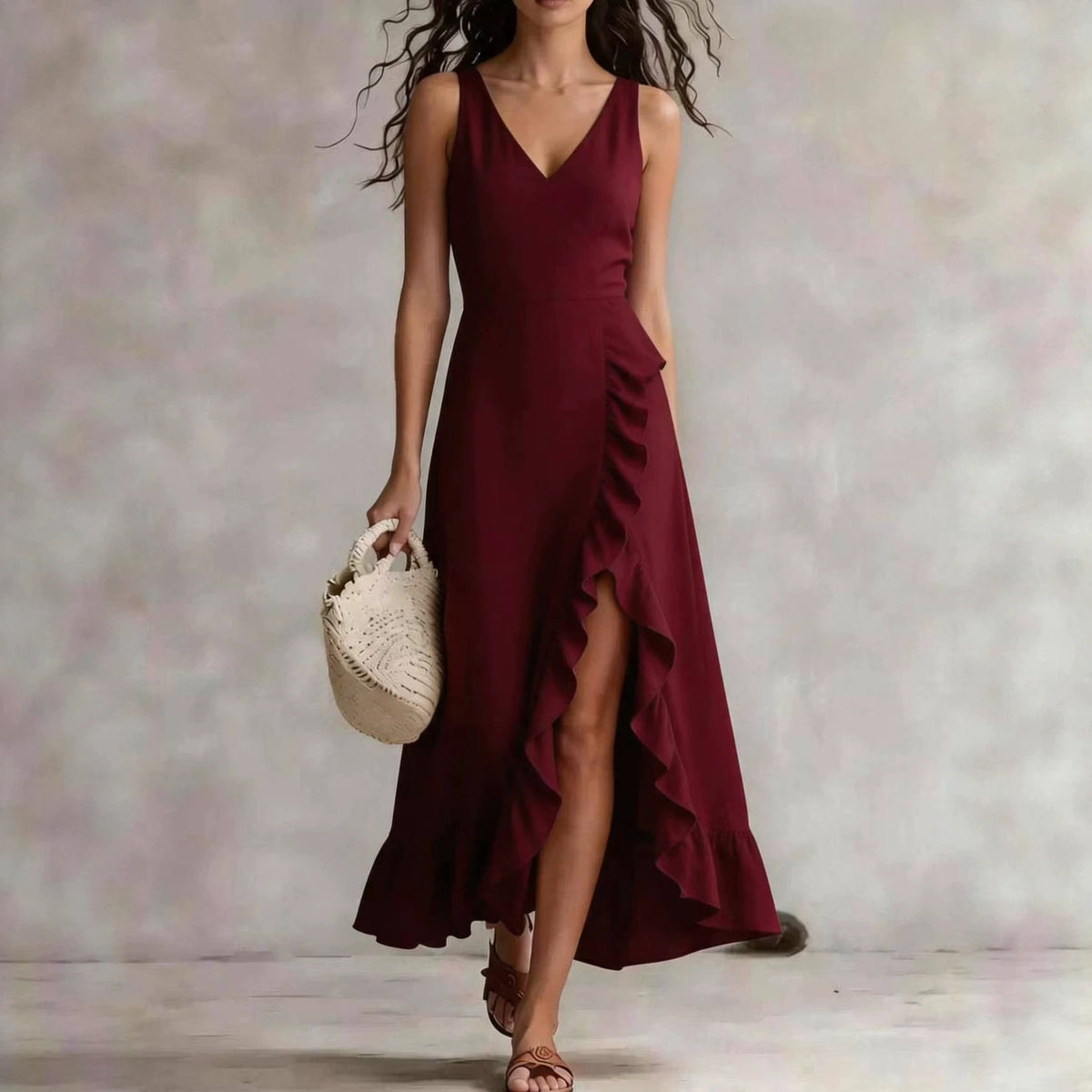 Womens V-neck Sleeveless Flounced Hem Split Dress - RICALOUX
