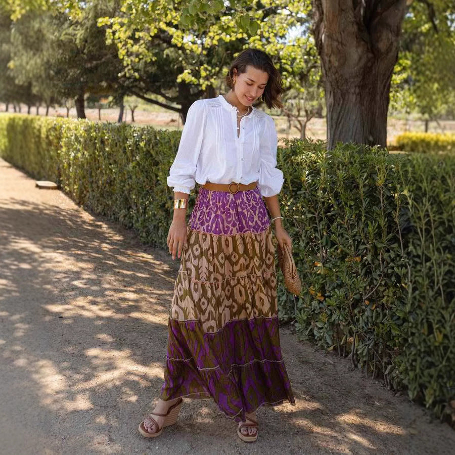 Printed Ruffled Flared Maxi Skirt by Ricaloux