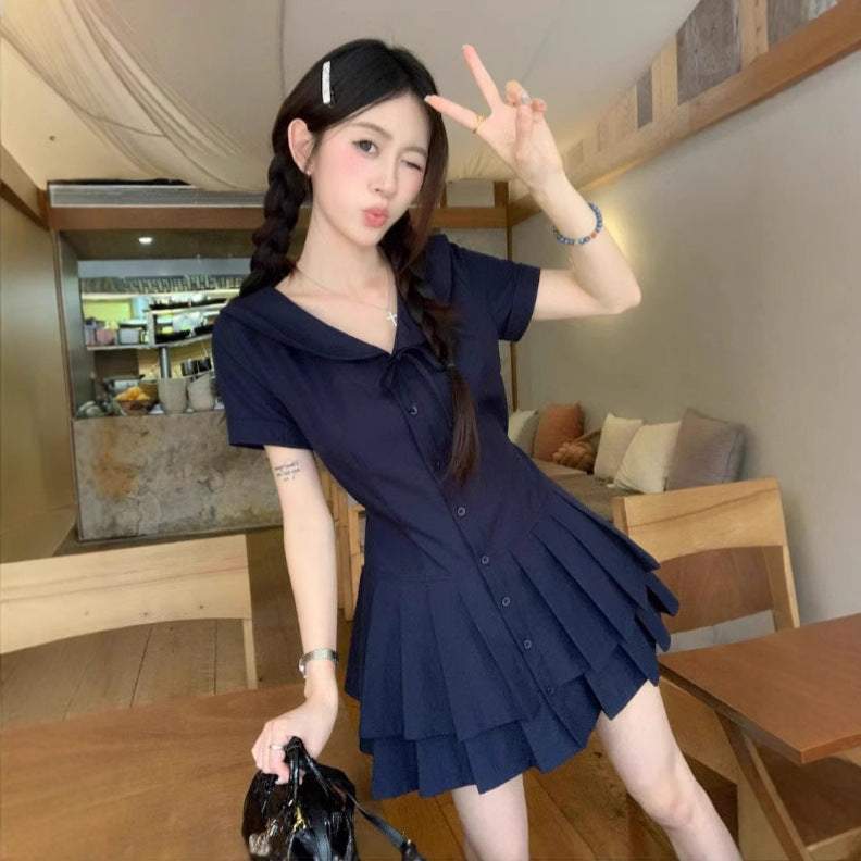 Navy Blue Doll-collar Short-sleeve Dress by Ricaloux