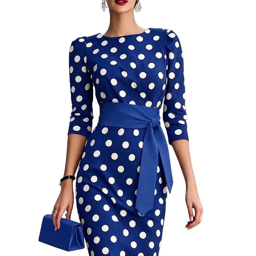 Women Elegant Black White Polka Dot Midi Dress With Waist Belt Three-Quarter Sleeve O Neck Pencil Bodycon Formal Work Office Party Dress by Ricaloux