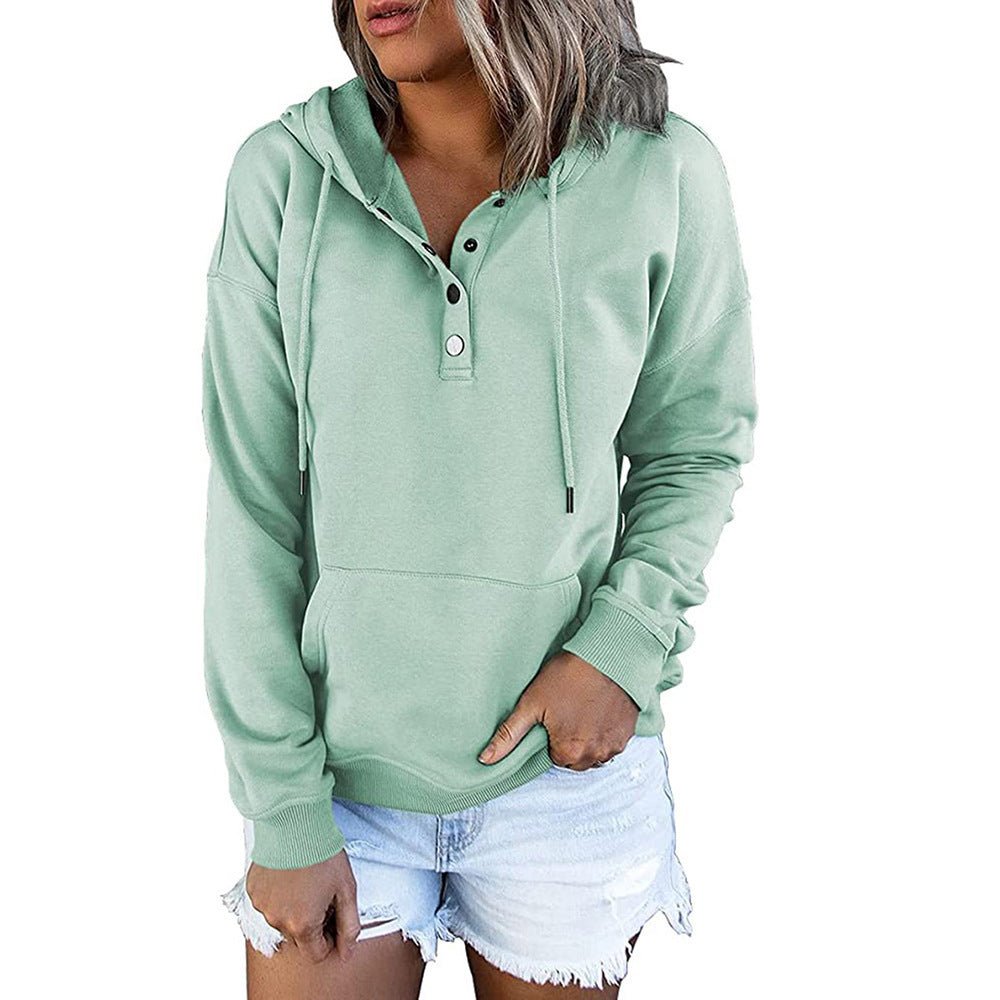 Long-sleeved Hooded Sweatshirt With Pockets Fashion Casual Button Drawstring Design Hoodie Top Spring And Autumn Sports Clothing For Women - RICALOUX