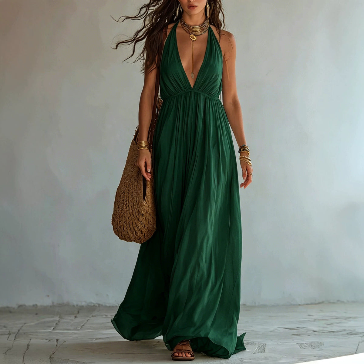 Deep V-neck Halter Backless Dress For Women by Ricaloux