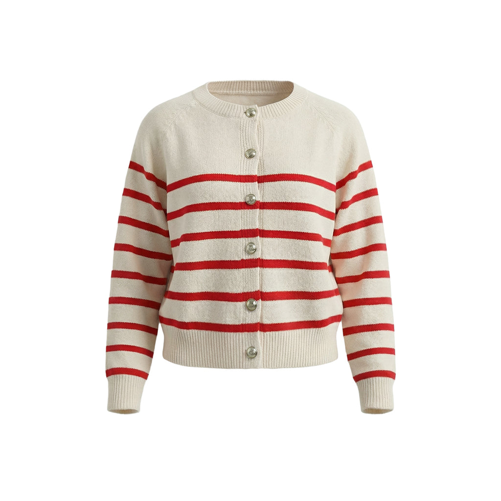 Women's Striped Knit Cardigan Red White Crewneck Button Up Sweater Coat Casual Long Sleeve Knitwear by Ricaloux