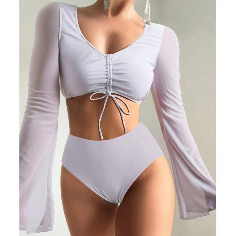 Solid-color High-waisted Modest Spliced Swimsuit With Mesh Panels – Premium 0 | RICALOUX