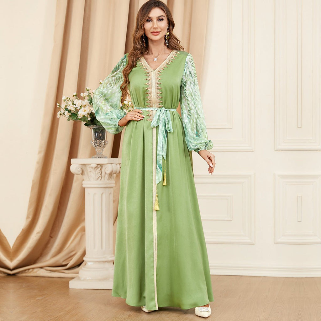 Patchwork Puff Sleeve Long Sleeve Arabic Dress - RICALOUX