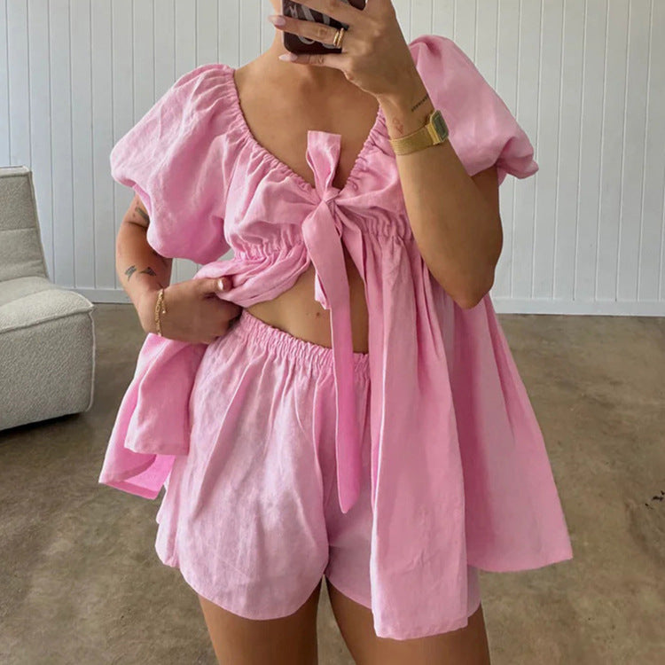 V-neck Puff Sleeve Tie-up Top And Loose Shorts Two-piece Set by Ricaloux