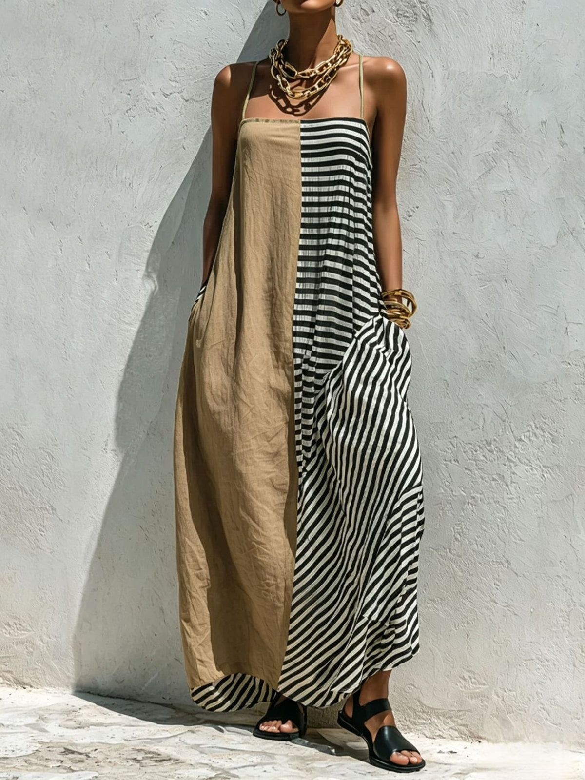 Printed Striped Strap Sleeveless Long Dress by Ricaloux