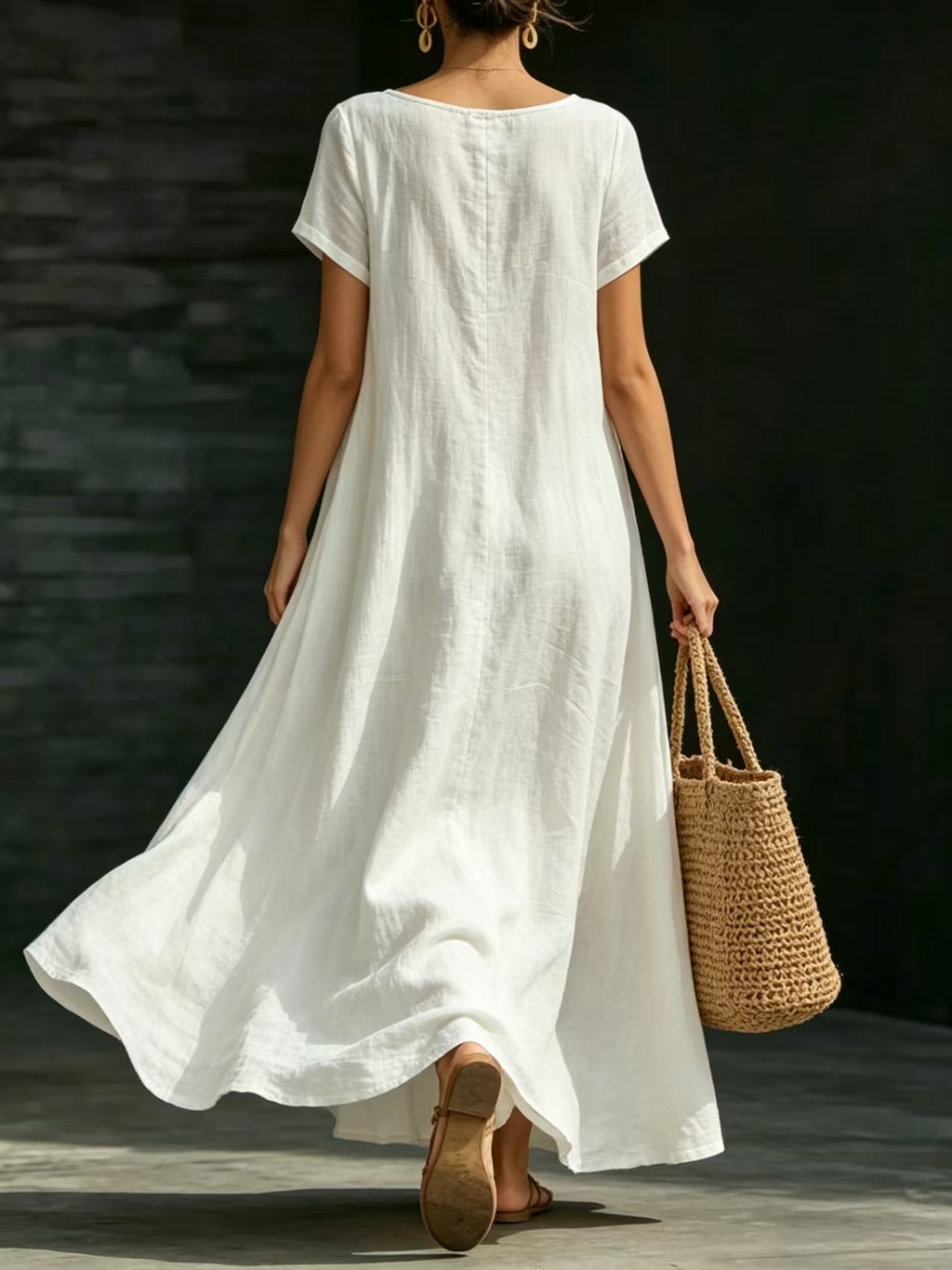 Summer Dress U-neck Short-sleeve Loose Casual Pure Color Full-skirted Long Dress by Ricaloux