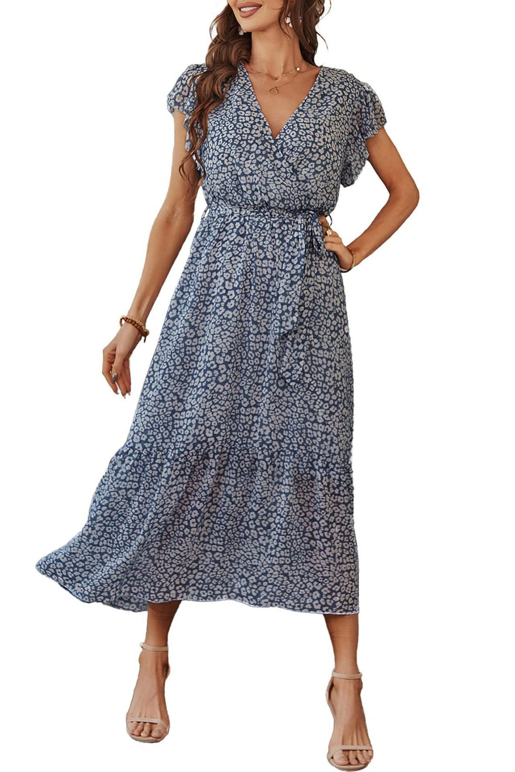 Womens Floral Print Flounce Short-Sleeve Midi Dress – Premium 0 | RICALOUX