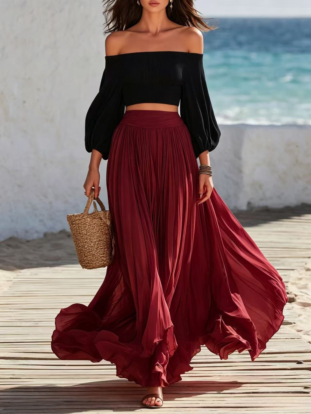 Off-shoulder Strapless Top With Bubble Sleeves And Skirt Set by Ricaloux