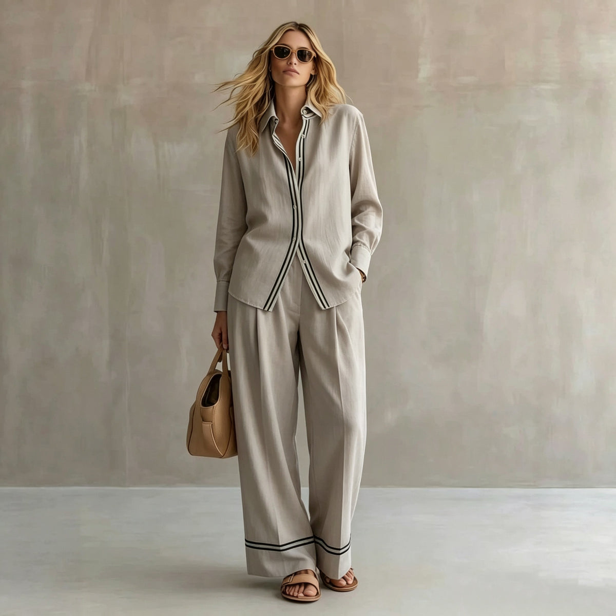 Womens Retro Striped Two-Piece Shirt Set by Ricaloux
