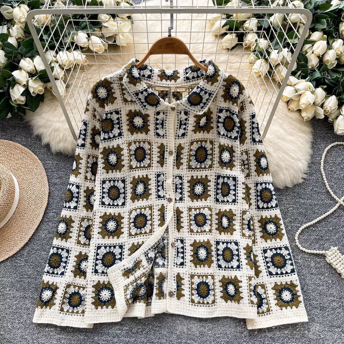 French-style Elegant Crocheted Floral Plaid Cardigan With A Lapel by Ricaloux