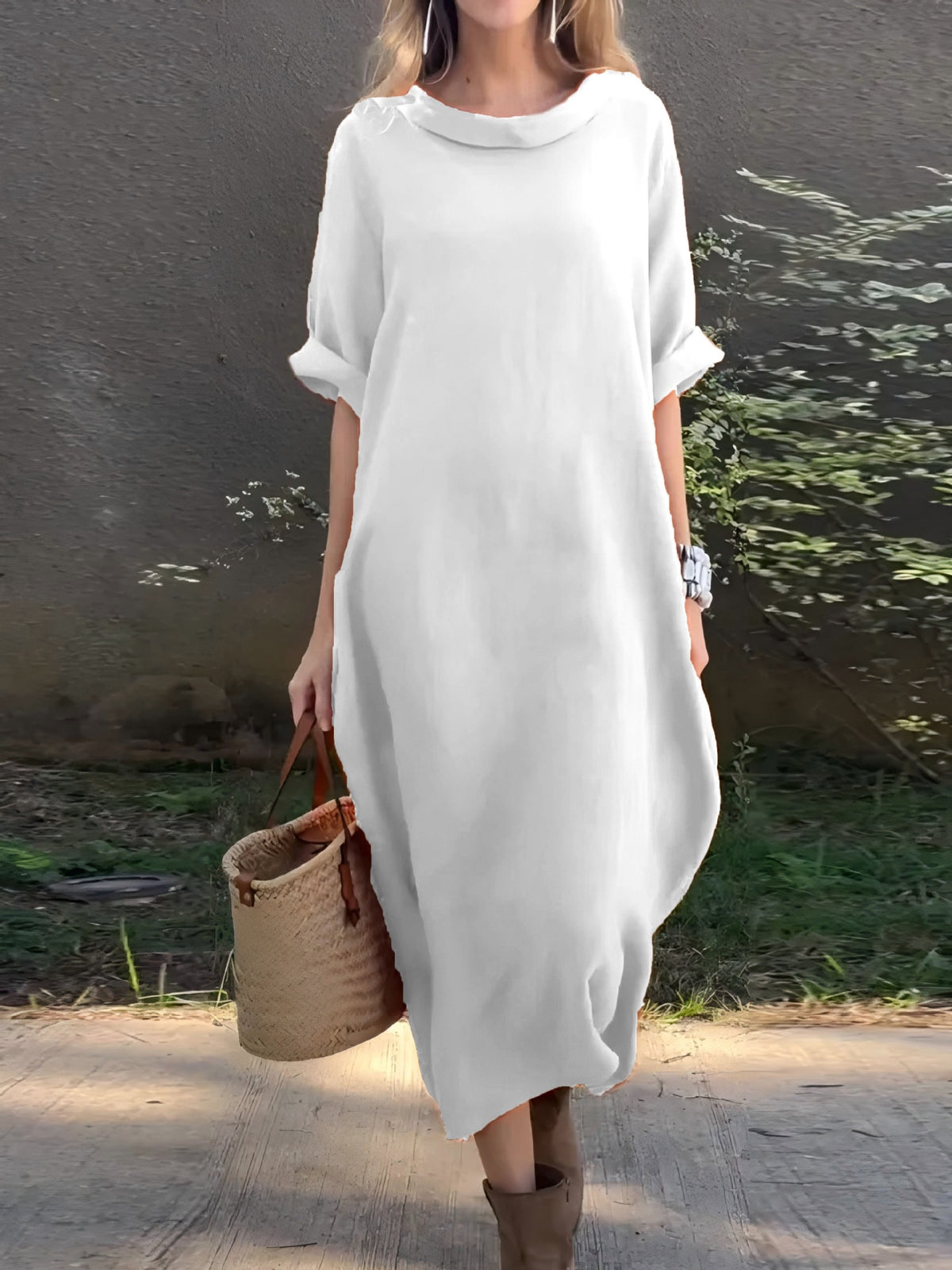 Casual Loose-fitting Round-neck Mid-sleeve Maxi Dress With A Flared Hem by Ricaloux