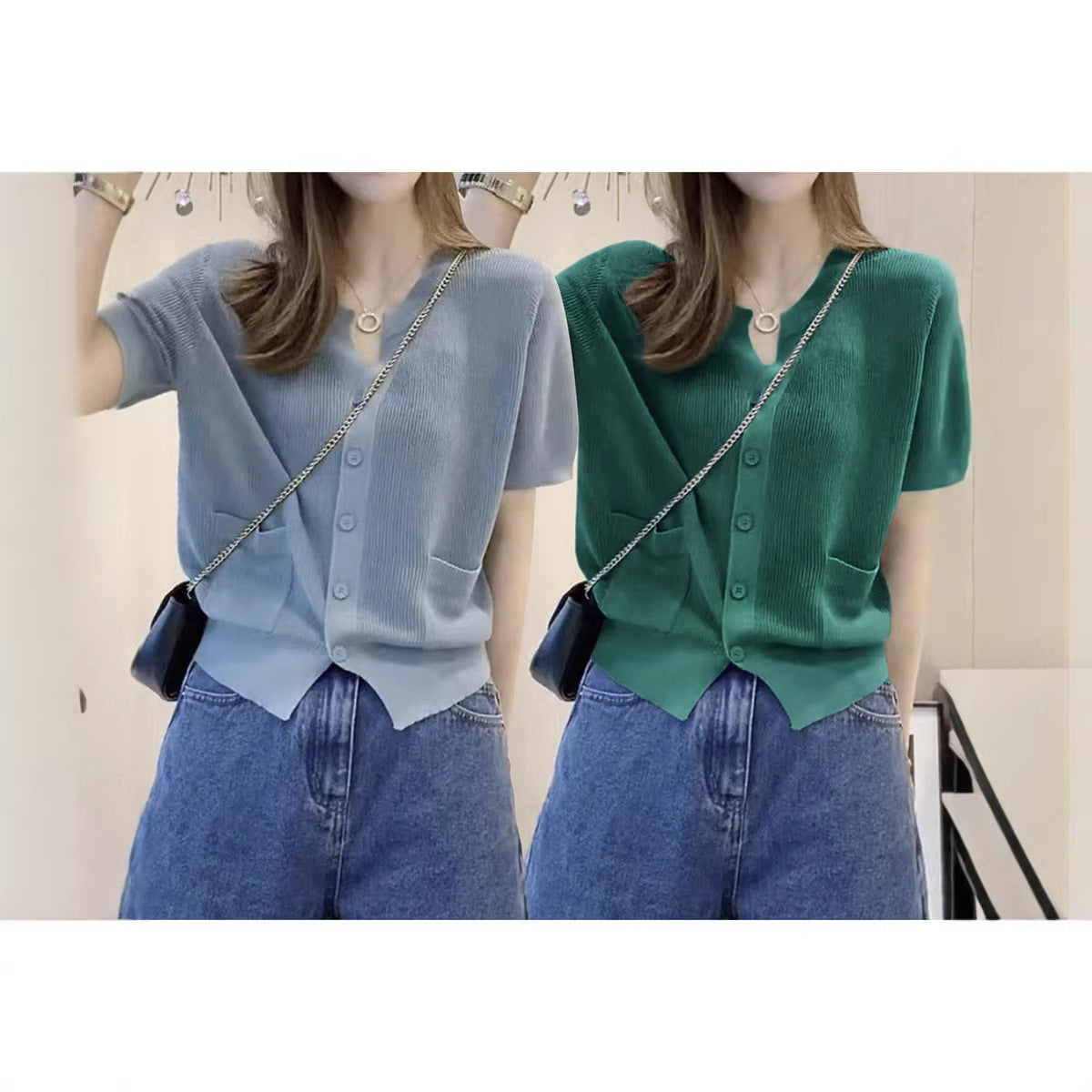 Womens Round-neck Blue Ice-silk Knitted T-shirt Top by Ricaloux