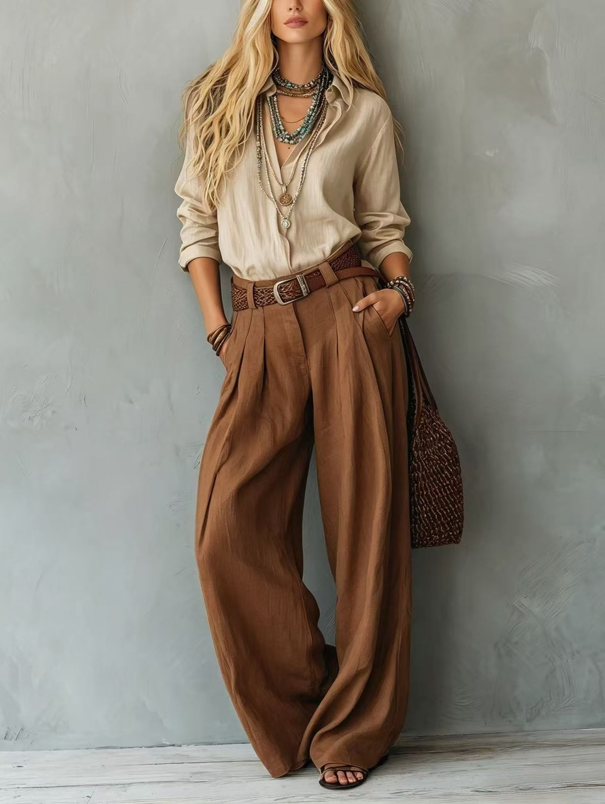 Womens Straight-Leg High-Waist Wide-Leg Pants And Blouse Set by Ricaloux