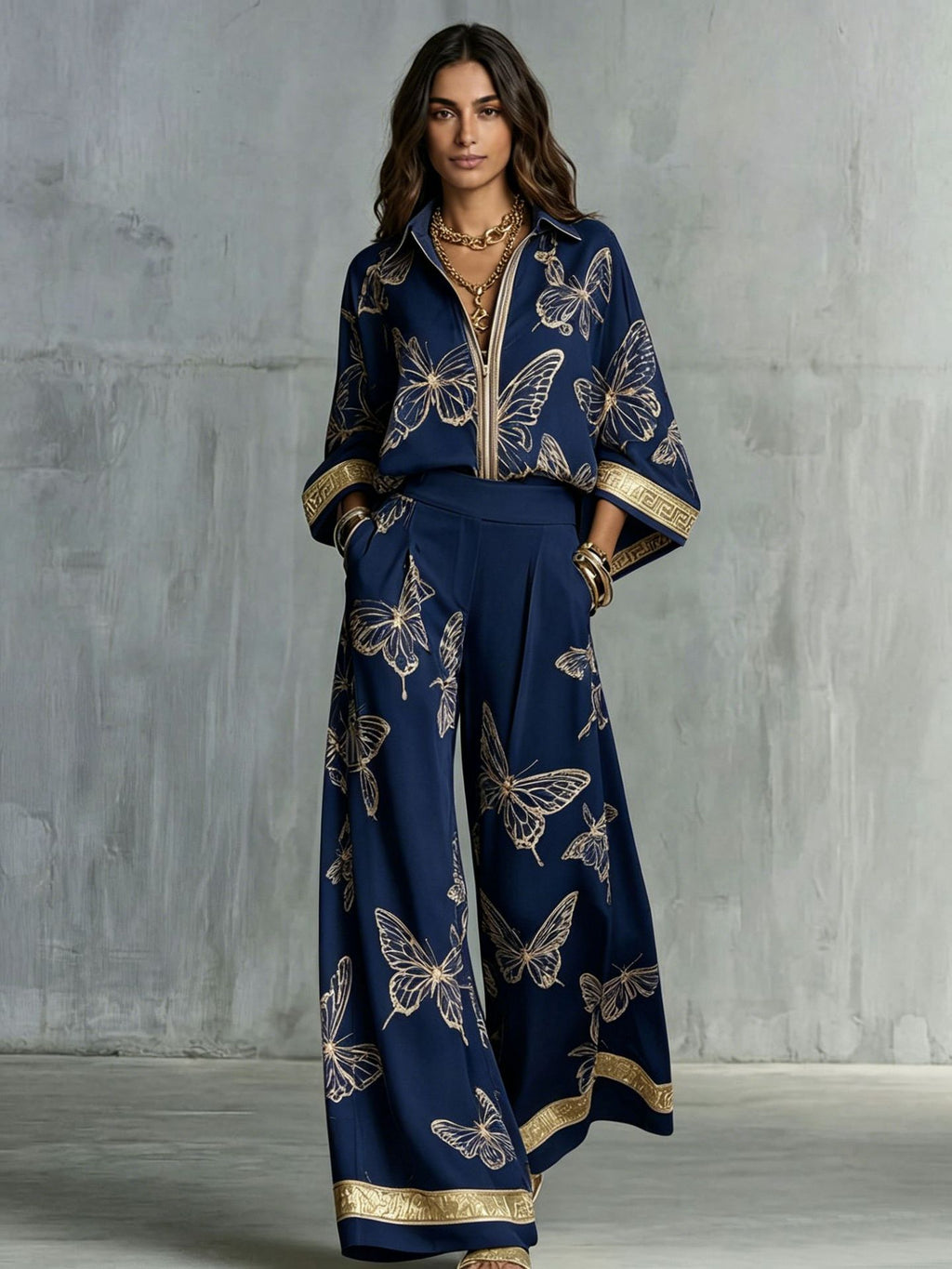 Womens Printed Loose-Fit Zip-Up Top And Wide-Leg Pants Two-Piece Set by Ricaloux