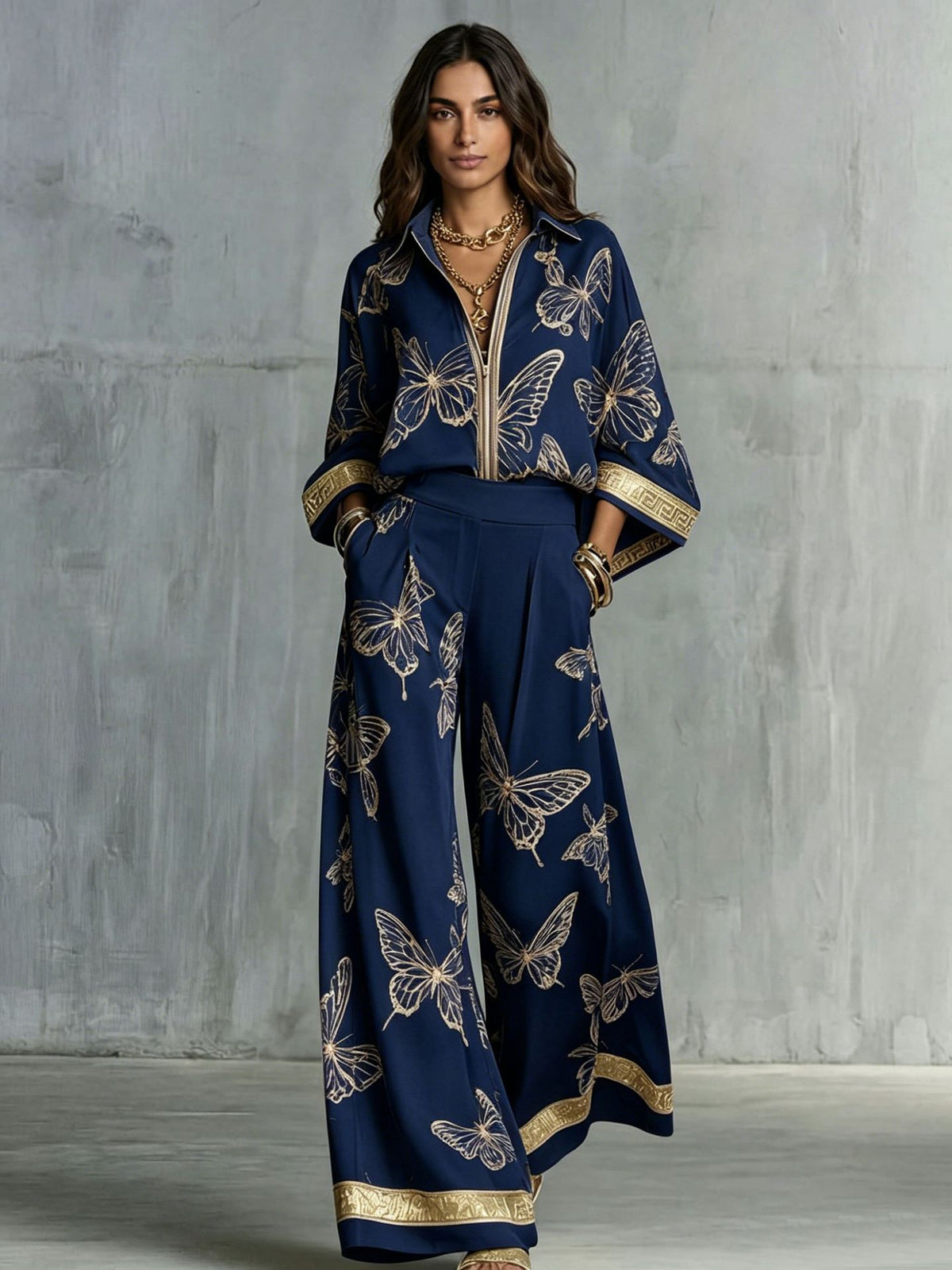Womens Printed Loose-Fit Zip-Up Top And Wide-Leg Pants Two-Piece Set by Ricaloux