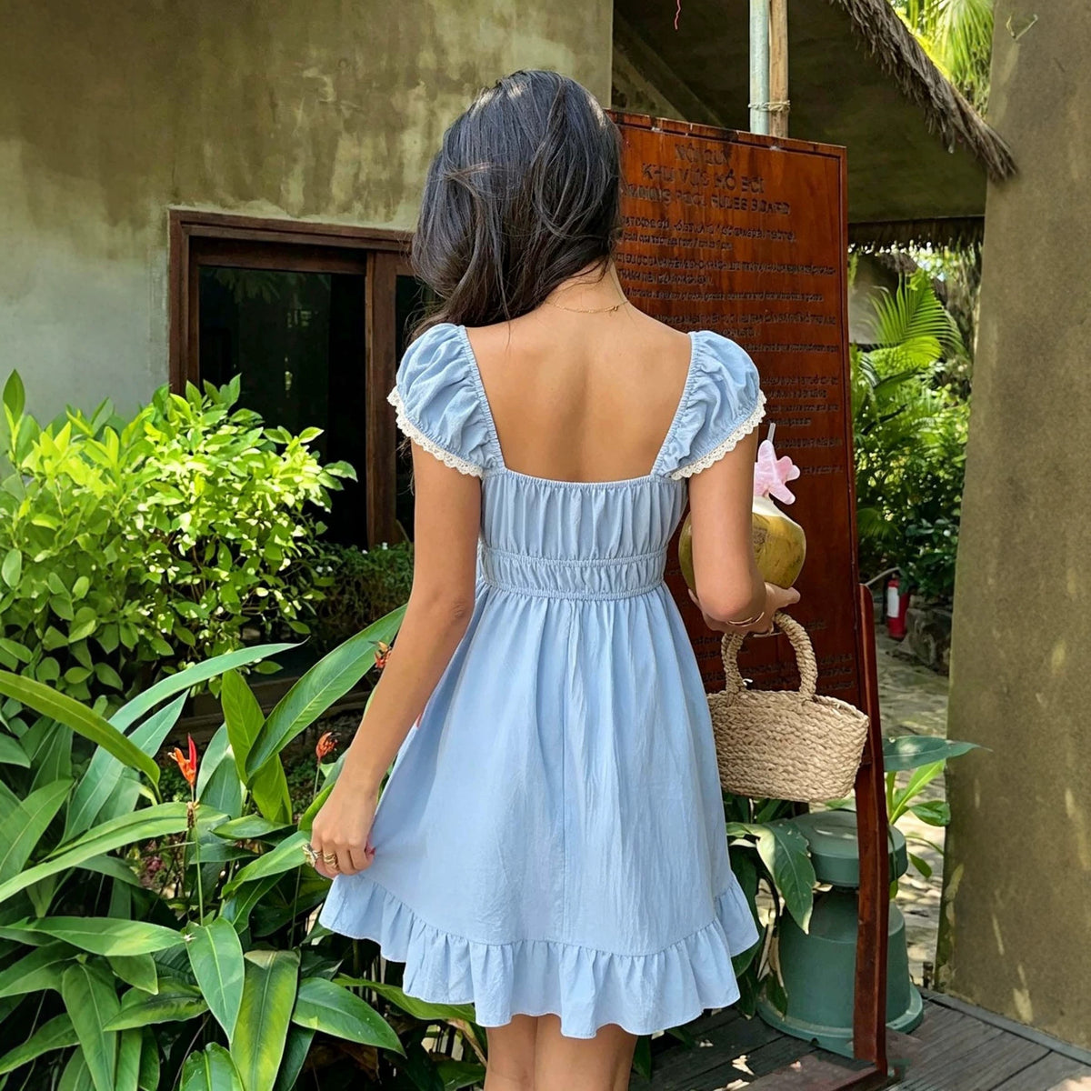 Summer French-Style Square-Neck Puff-Sleeve A-Line Dress For Women – Premium 0 | RICALOUX