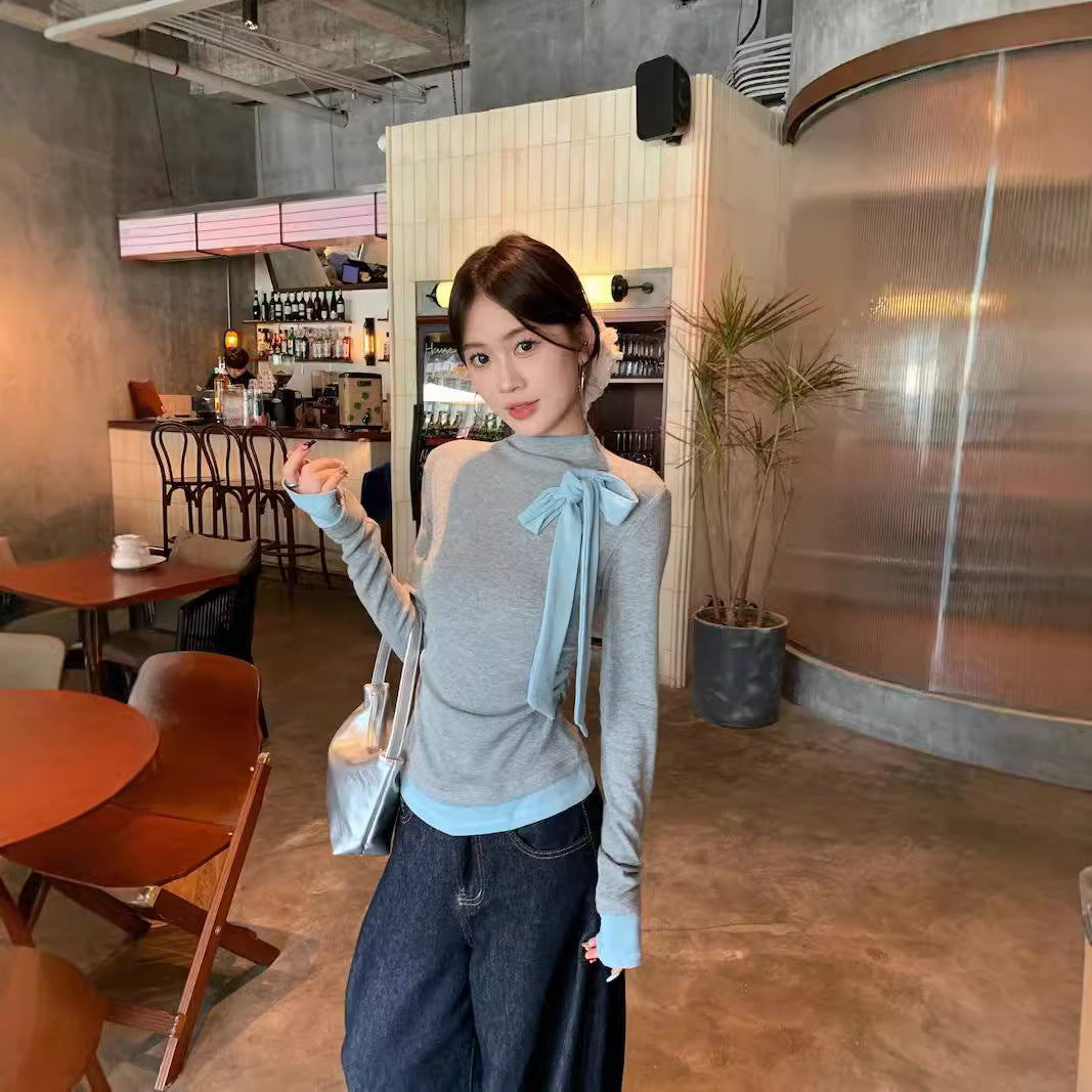 Bow-tied Contrast-Color Long-Sleeve T-Shirt For Women by Ricaloux