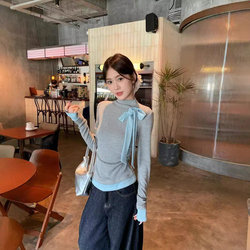 Bow-tied Contrast-Color Long-Sleeve T-Shirt For Women by Ricaloux