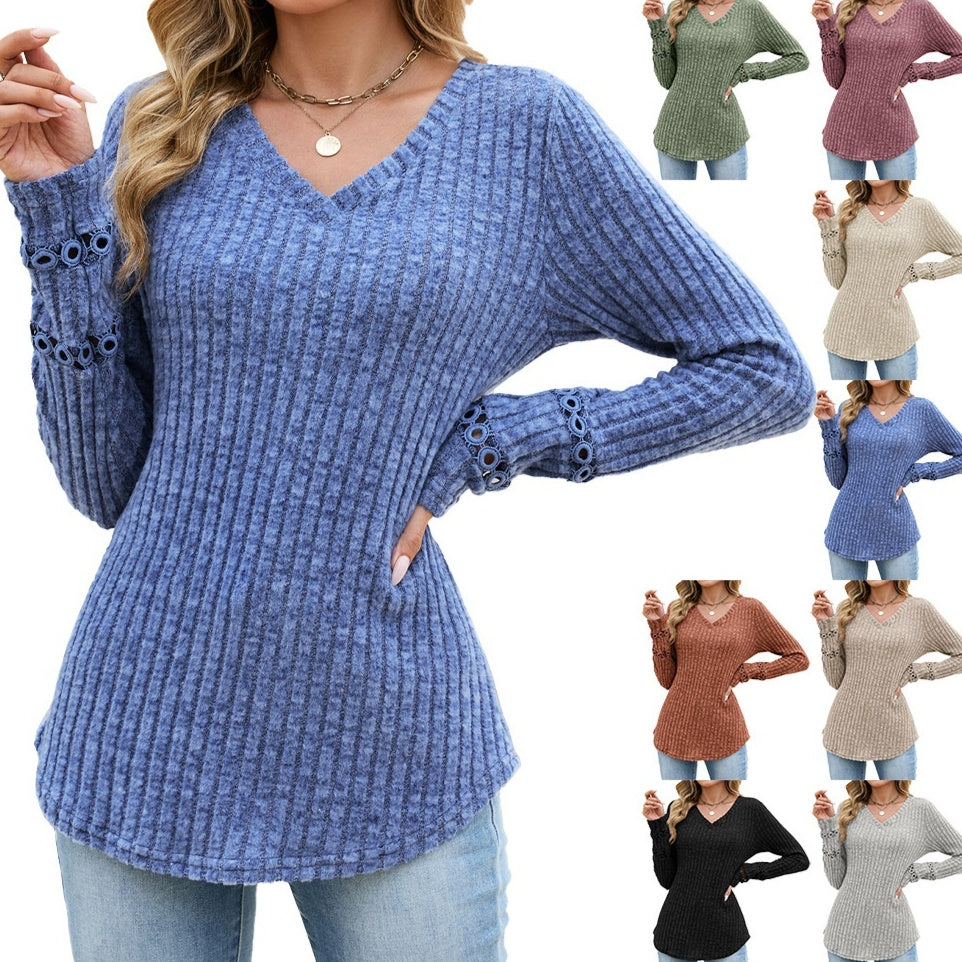 Solid-color V-neck Lace-panel Loose-fitting Long-sleeve Top by Ricaloux