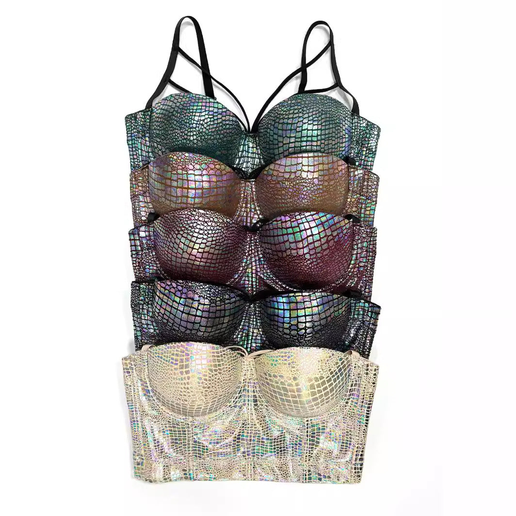 Sparkling Snakeskin-embossed Gold-stamped Strap Bra With Cup Support by Ricaloux