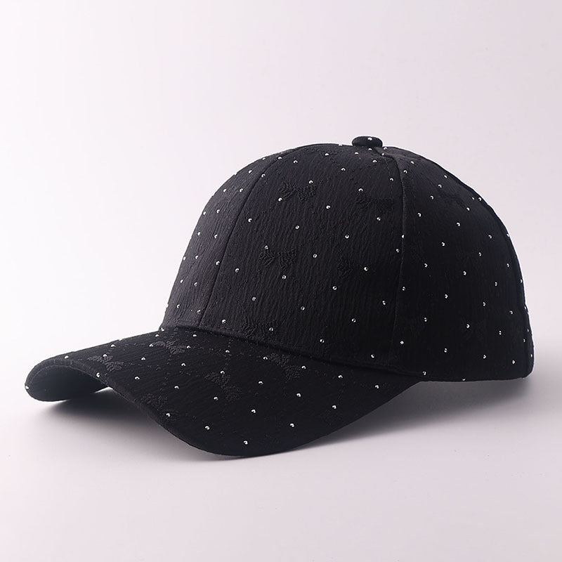 Korean-style Soft Style Bow Tie Rhinestone Baseball Cap With Textured Pleats And Breathable Brim Outdoor Versatile Hat For Outings With A Curved Brim by Ricaloux