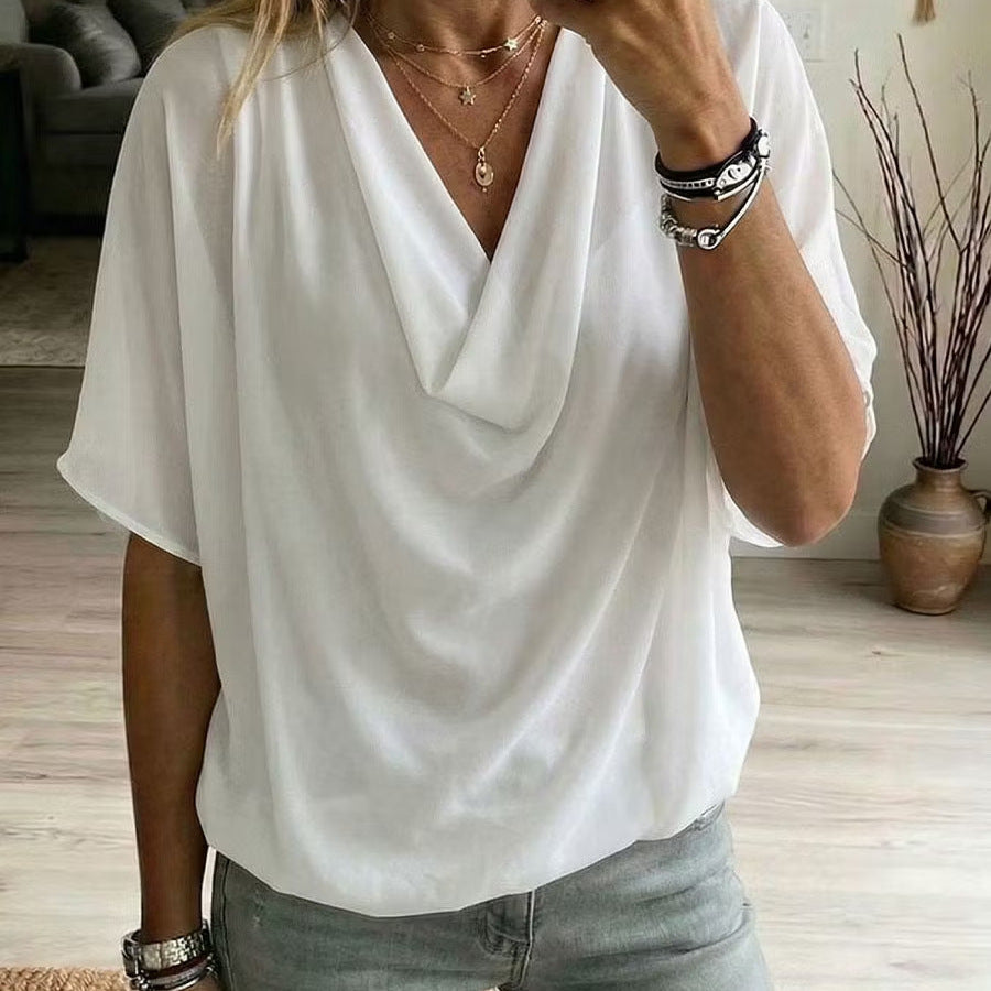 Womens Summer Loose-fit Batwing-sleeve Solid-color Draped Short-sleeve Elegant Top by Ricaloux