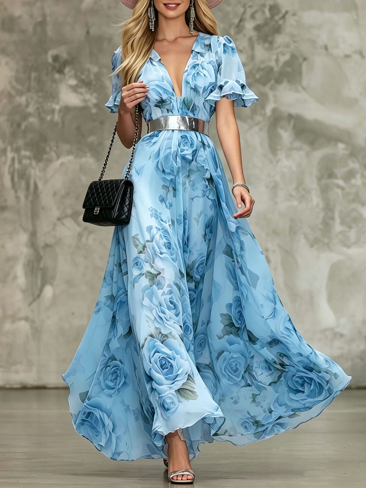 French-Style Romantic Rose-Print Chiffon Maxi Dress – Premium 0 | RICALOUX