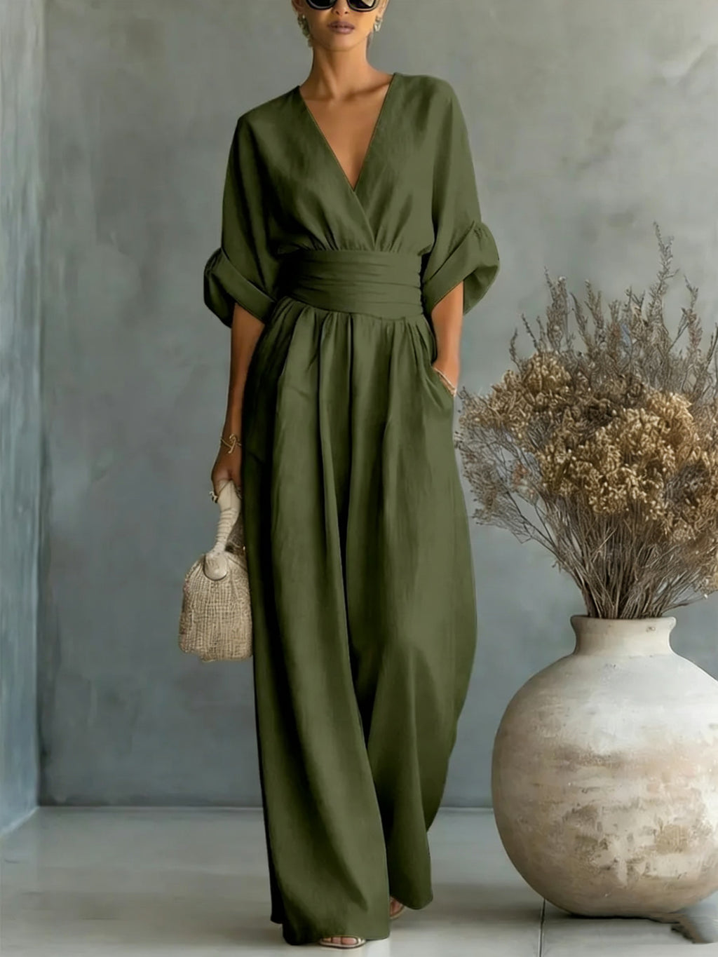 Summer Short-sleeved Jumpsuit Fashion Casual V-Neck Wide-Leg Pants Womens Clothing by Ricaloux