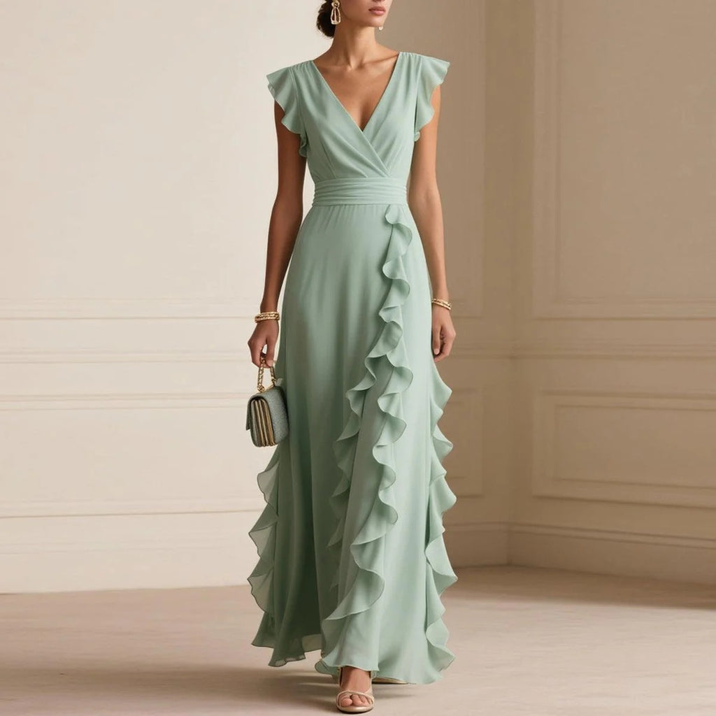 Women's Elegant Solid Color Ruffle Sleeveless Sexy V-Neck Long Dress Fashionable Bohemian Women's Party Evening Maxi Dresses by Ricaloux