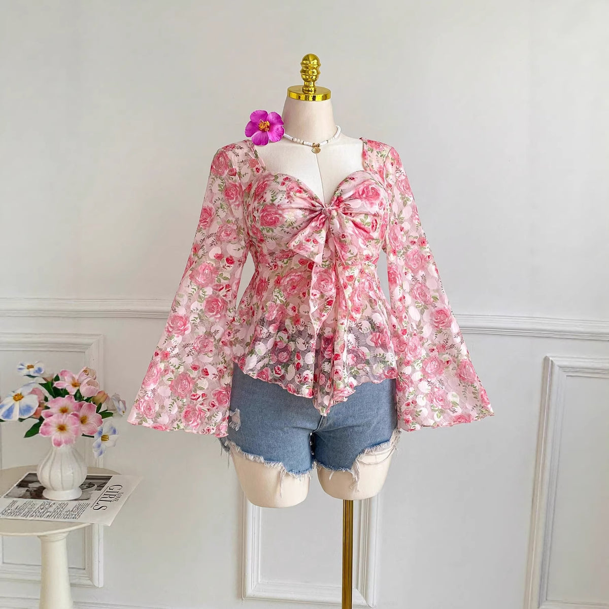 Lantern-sleeve Lace Floral Long-sleeve Top – Premium 0 | RICALOUX