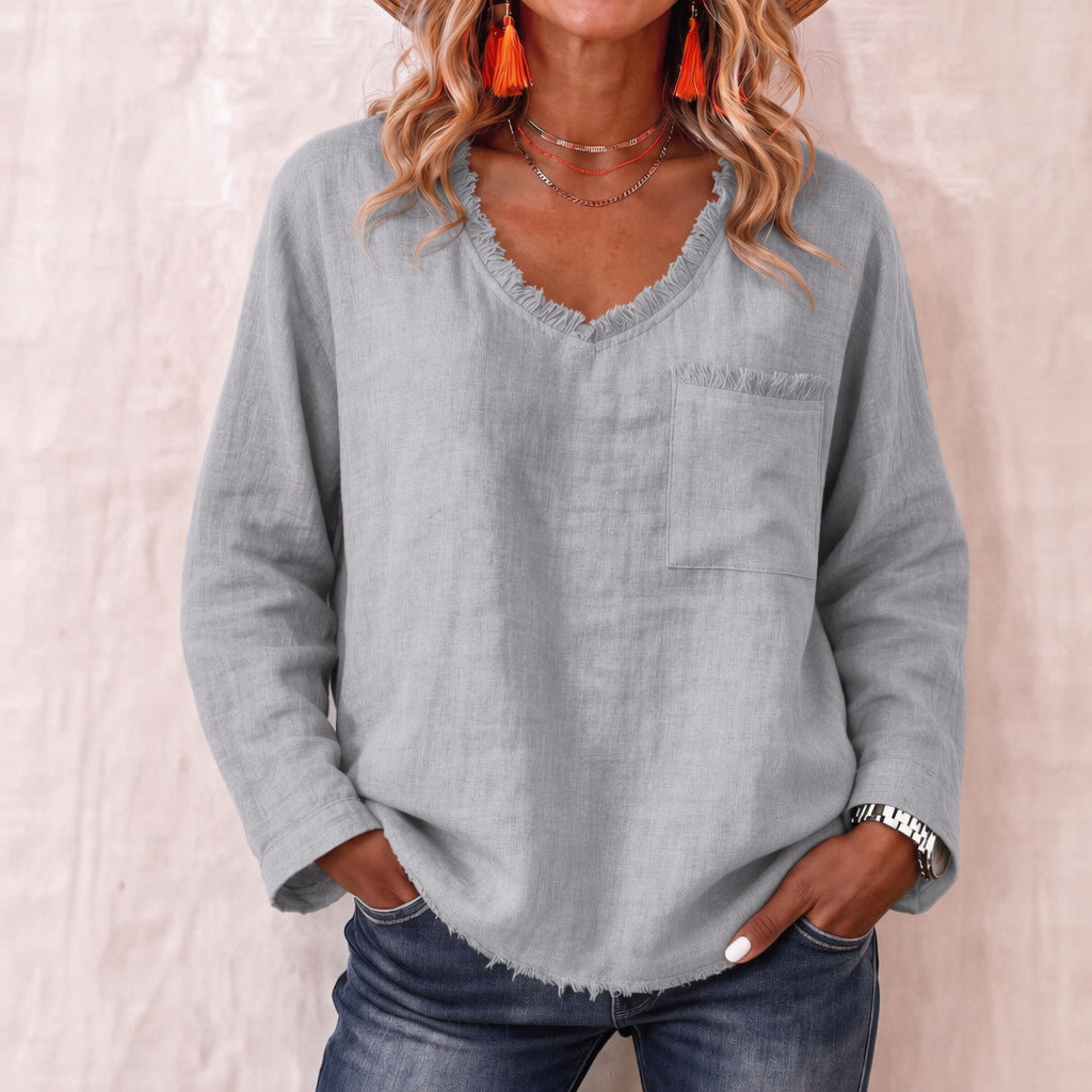Loose-fit V-neck Long-sleeve Solid-color Casual Top For Women by Ricaloux