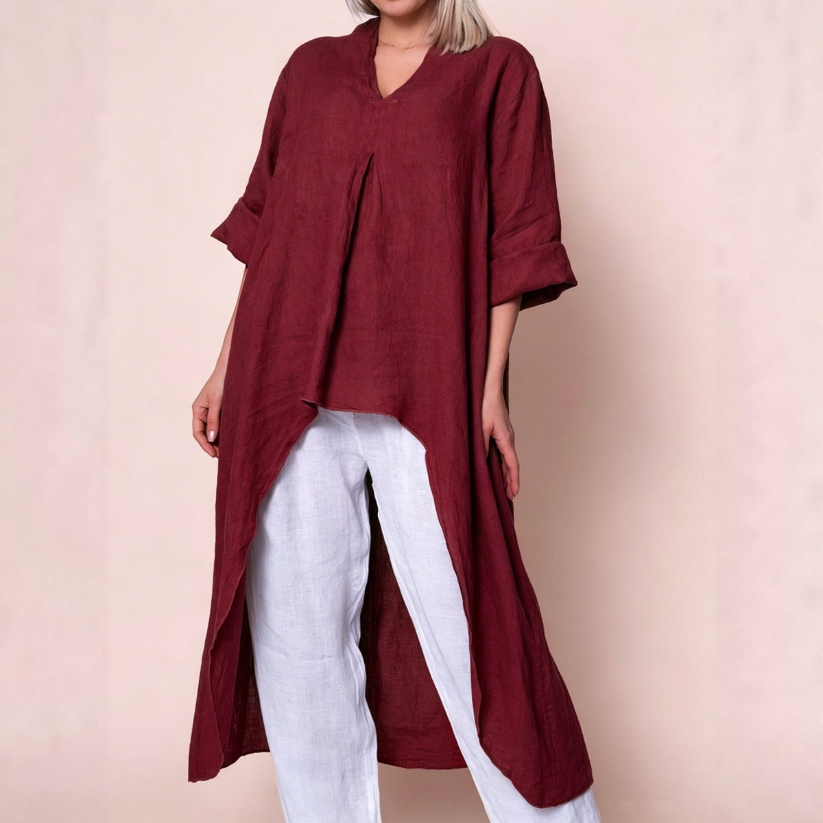 Womens Solid-Color V-Neck Asymmetric Long-Sleeve Shirt by Ricaloux
